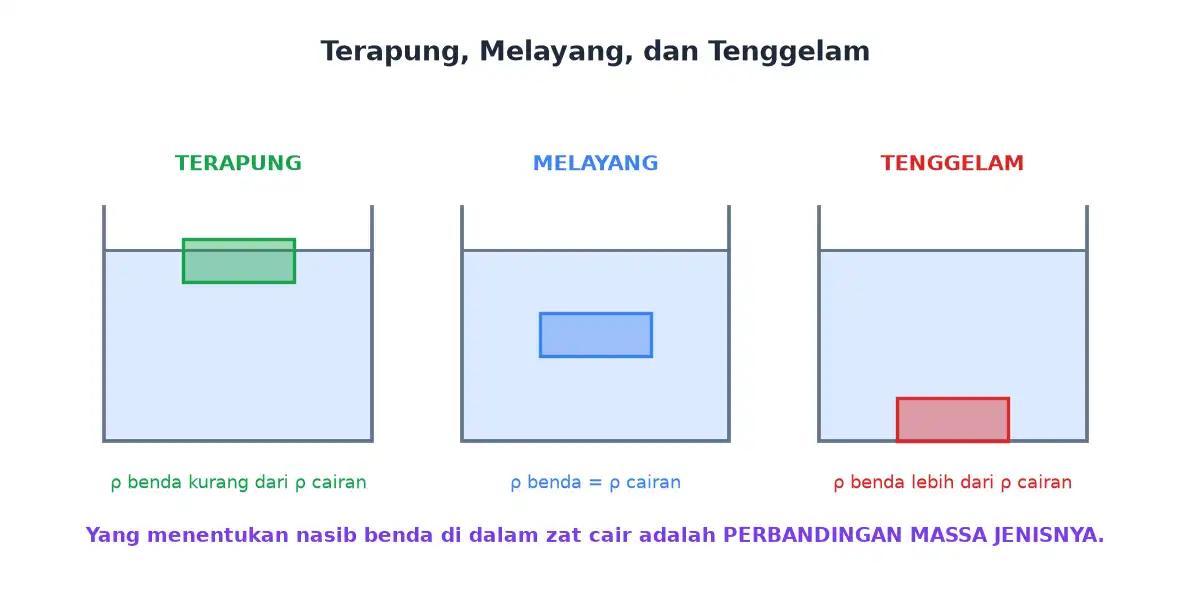 Tiga keadaan benda dalam zat cair yaitu terapung melayang dan tenggelam