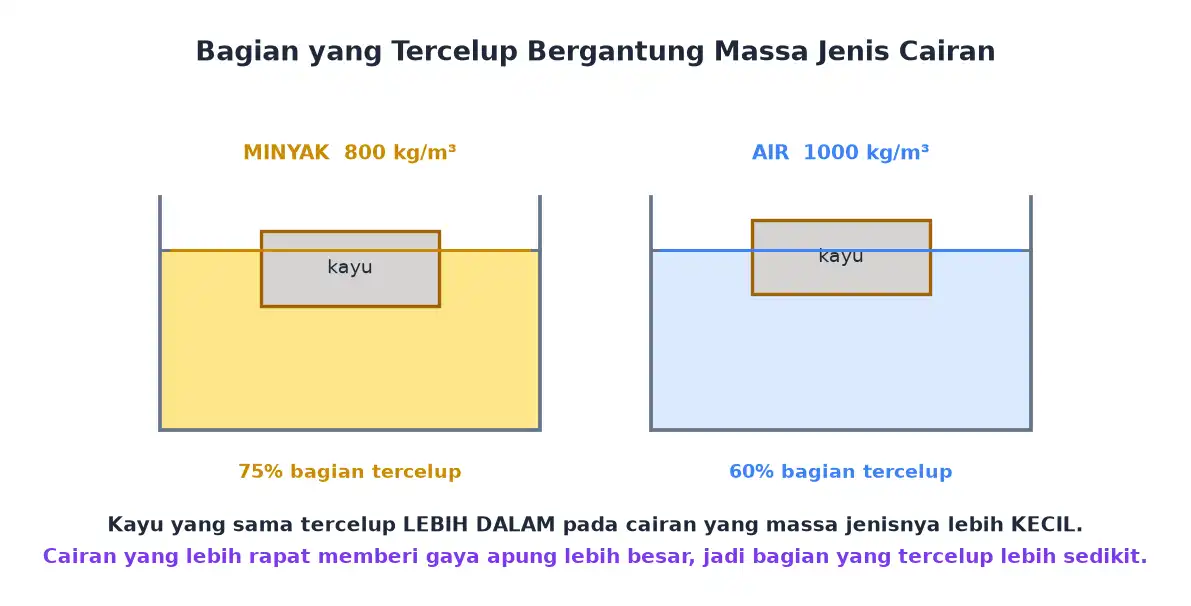 Kayu yang sama tercelup lebih dalam pada minyak daripada pada air