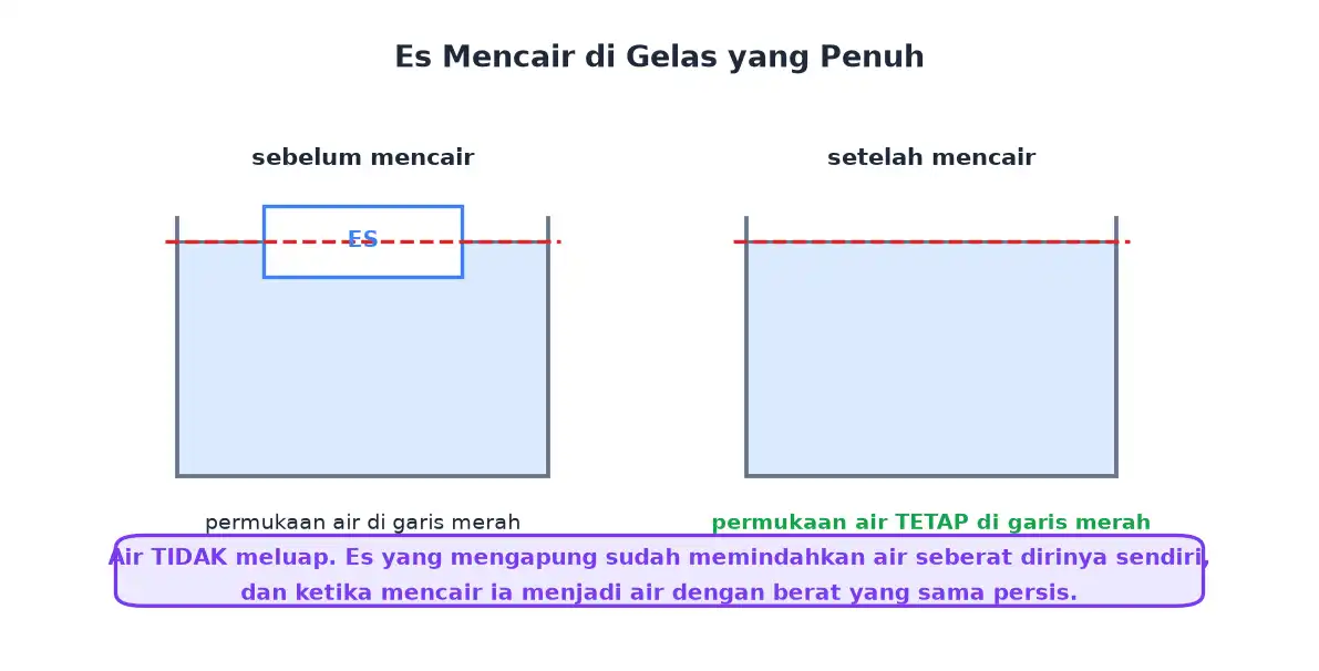 Gelas penuh berisi air dan es yang permukaannya tetap setelah es mencair