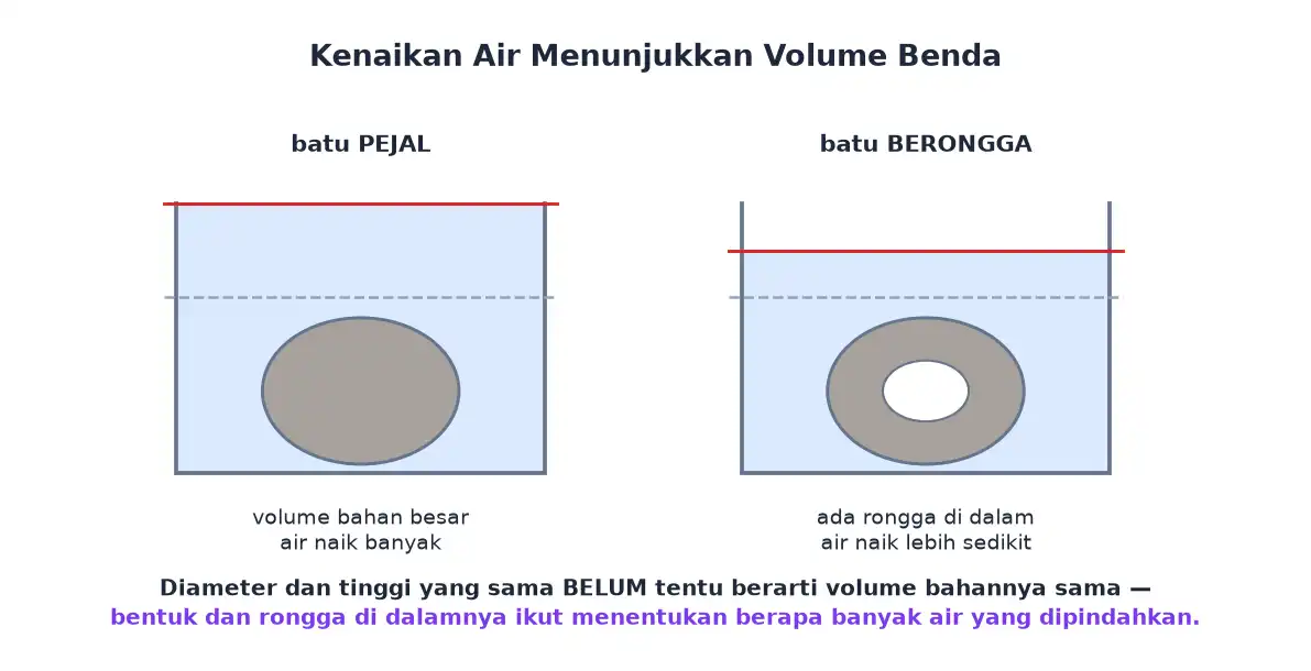 Dua batu berukuran luar sama dengan kenaikan air berbeda karena ada rongga