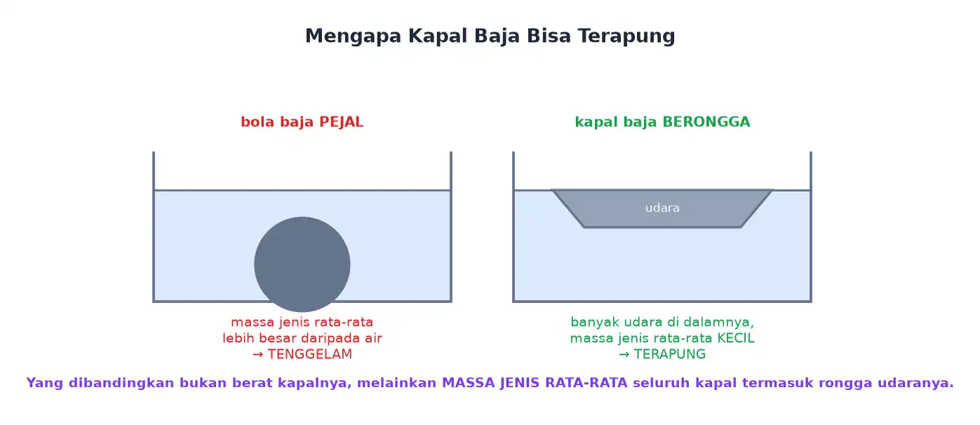 Bola baja pejal tenggelam sedangkan kapal baja berongga terapung
