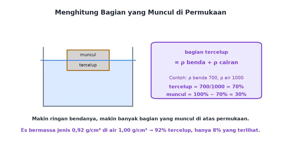 Perhitungan bagian benda yang tercelup dan yang muncul di permukaan