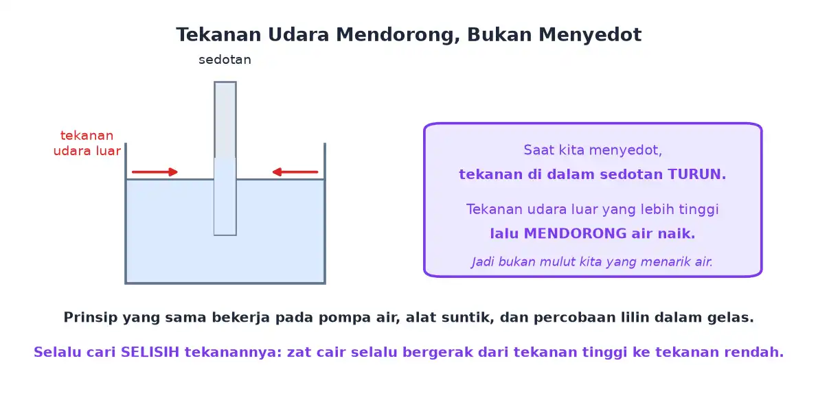 Sedotan minuman bekerja karena tekanan udara luar mendorong air naik