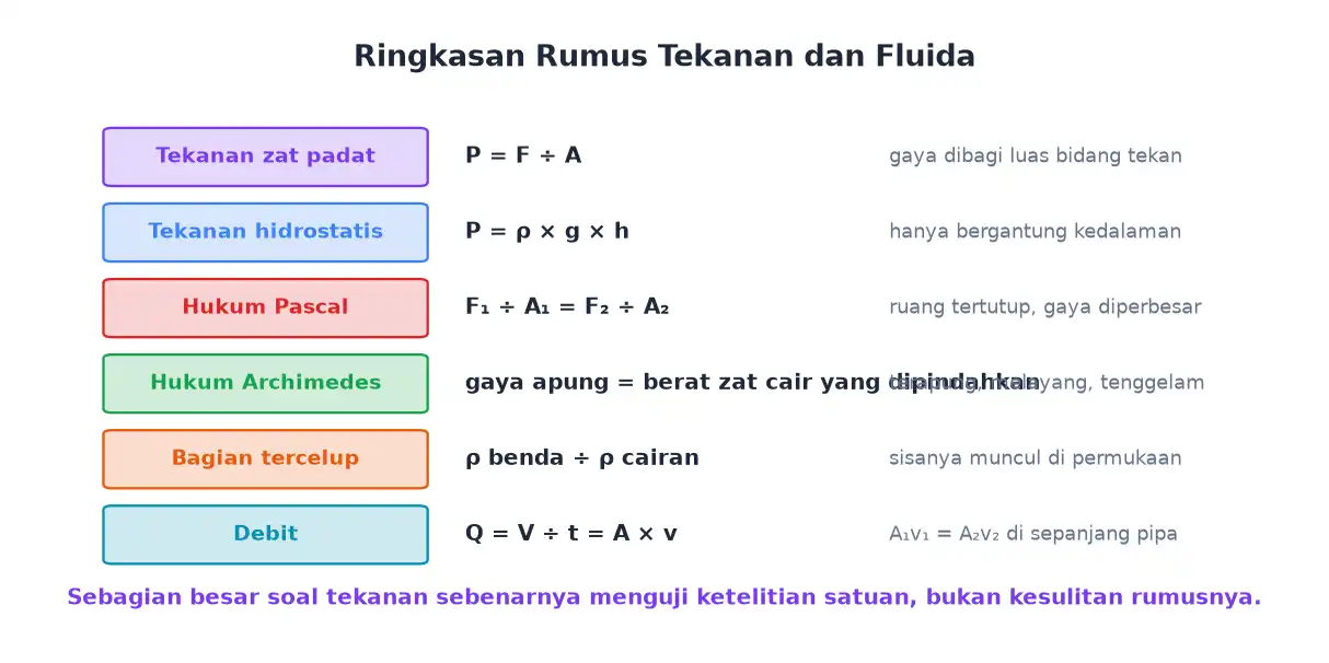 Ringkasan enam rumus utama pada bab tekanan dan fluida