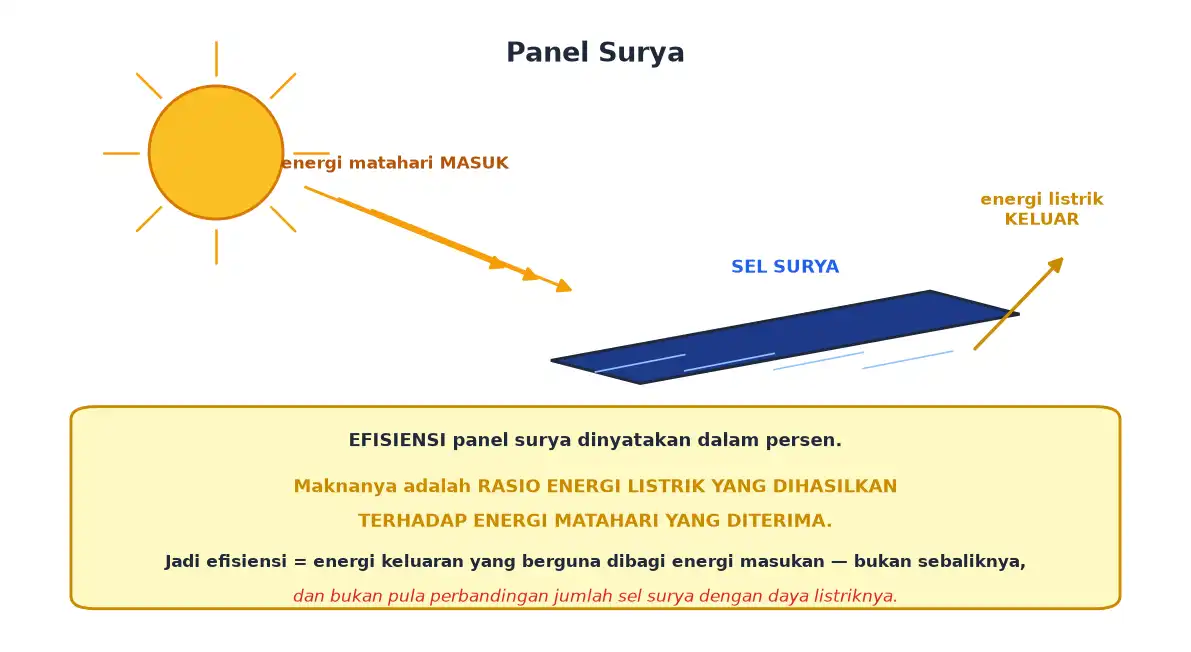 Energi matahari masuk ke sel surya dan keluar sebagai energi listrik